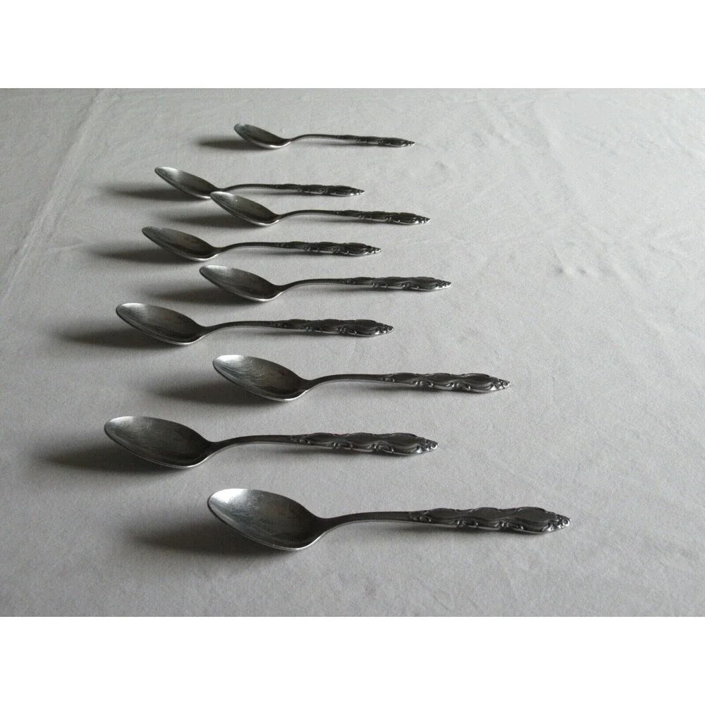 Lot of 9 National Stainless Marquee 8 Teaspoon +1 Sugar Spoon Japan Vintage 6.2